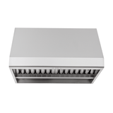 Proline PLJW 108 Range Hood in stainless steel, 1000/2000 CFM, vent slats; front view. ProlineRangeHoods.com.