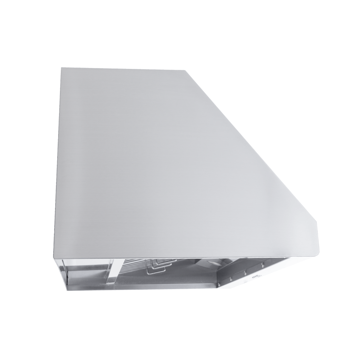 Proline PLJW 108 range hood with stainless steel, 1000/2000 CFM, ductless option—angled top view. ProlineRangeHoods.com.