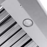Close-up of Proline PLJW 108 Range Hood in stainless steel, 1000/2000 CFM, round light, ductless option. ProlineRangeHoods.com.
