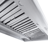 Close-up of Proline PLJW 108 stainless steel range hood, metal filters, lights, 2000 CFM; ProlineRangeHoods.com.