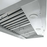 Close-up of Proline PLJW 109 WC ducted range hood, stainless finish, vents, lights—1200 CFM. ProlineRangeHoods.com.