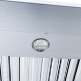 Close-up of Proline PLJW 121 under-cabinet range hood, round light, vertical slats, stainless steel. ProlineRangeHoods.com.