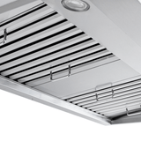 Close-up of PLJW 121 stainless steel range hood, ductless convertible, 900 CFM. ProlineRangeHoods.com.