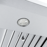 Close-up of light and vent slats on Proline PLJW 125 range hood, stainless steel, 900 CFM. ProlineRangeHoods.com.