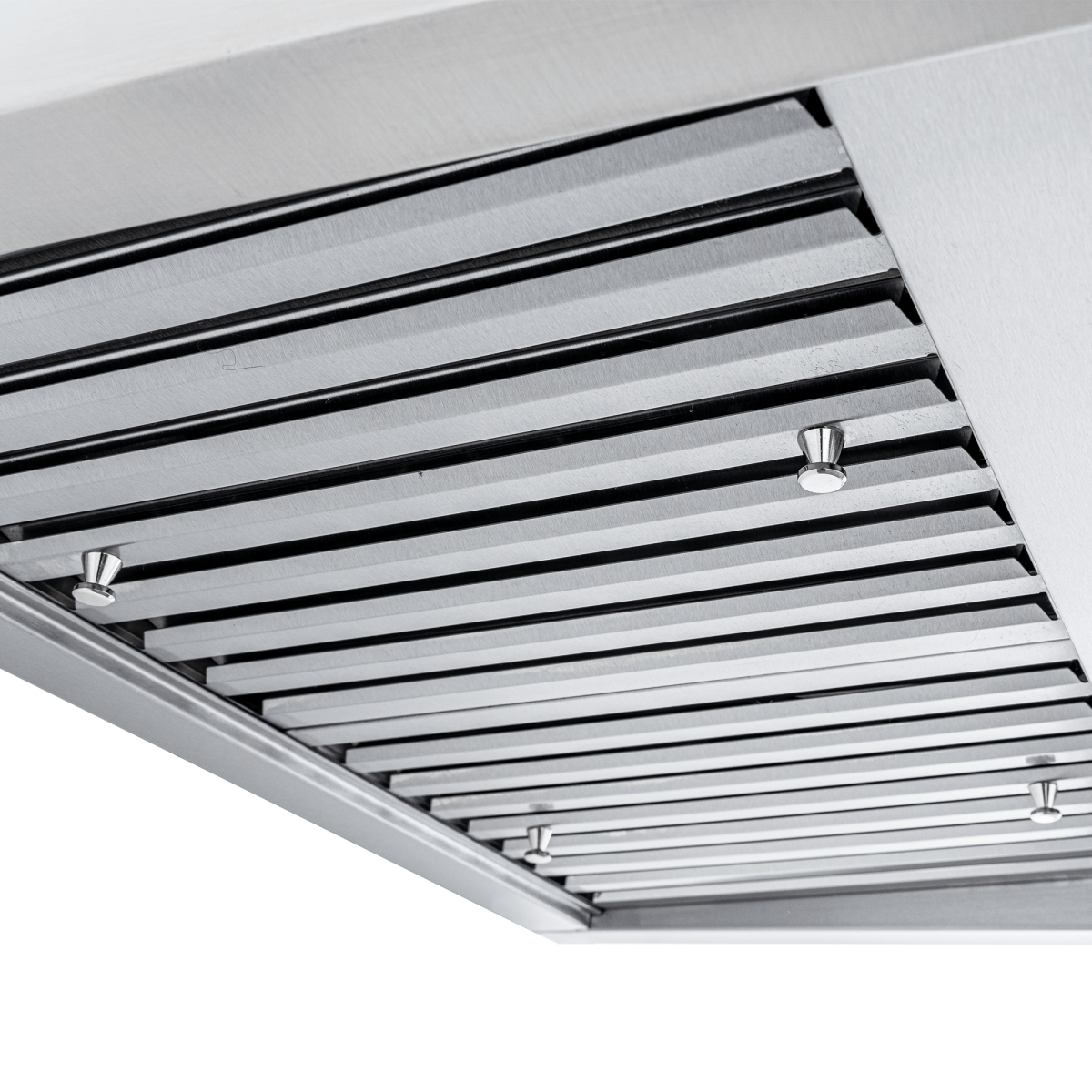 Close-up of Proline PLJW 125 stainless range hood filter with parallel slats and screws. ProlineRangeHoods.com.