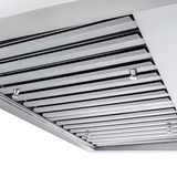 Close-up of Proline PLJW 125 stainless range hood filter with parallel slats and screws. ProlineRangeHoods.com.