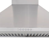 ProlineRangeHoods.com's Stylish Ductless Stainless Steel Wall Mounted Range Hood, model PLJW 129 RK600, offers control buttons and vent slots for efficient kitchen ventilation with a sleek design and 600 CFM.