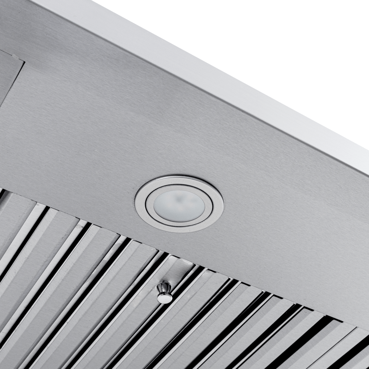 Close-up of Proline PLJW 133 stainless range hood, 900 CFM motor, lights, slatted filter. ProlineRangeHoods.com.