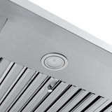 Close-up of Proline PLJW 133 stainless range hood, 900 CFM motor, lights, slatted filter. ProlineRangeHoods.com.