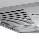 Close-up of Proline PLJW 133 stainless under-cabinet range hood with lights, metal slats, 900 CFM. ProlineRangeHoods.com.