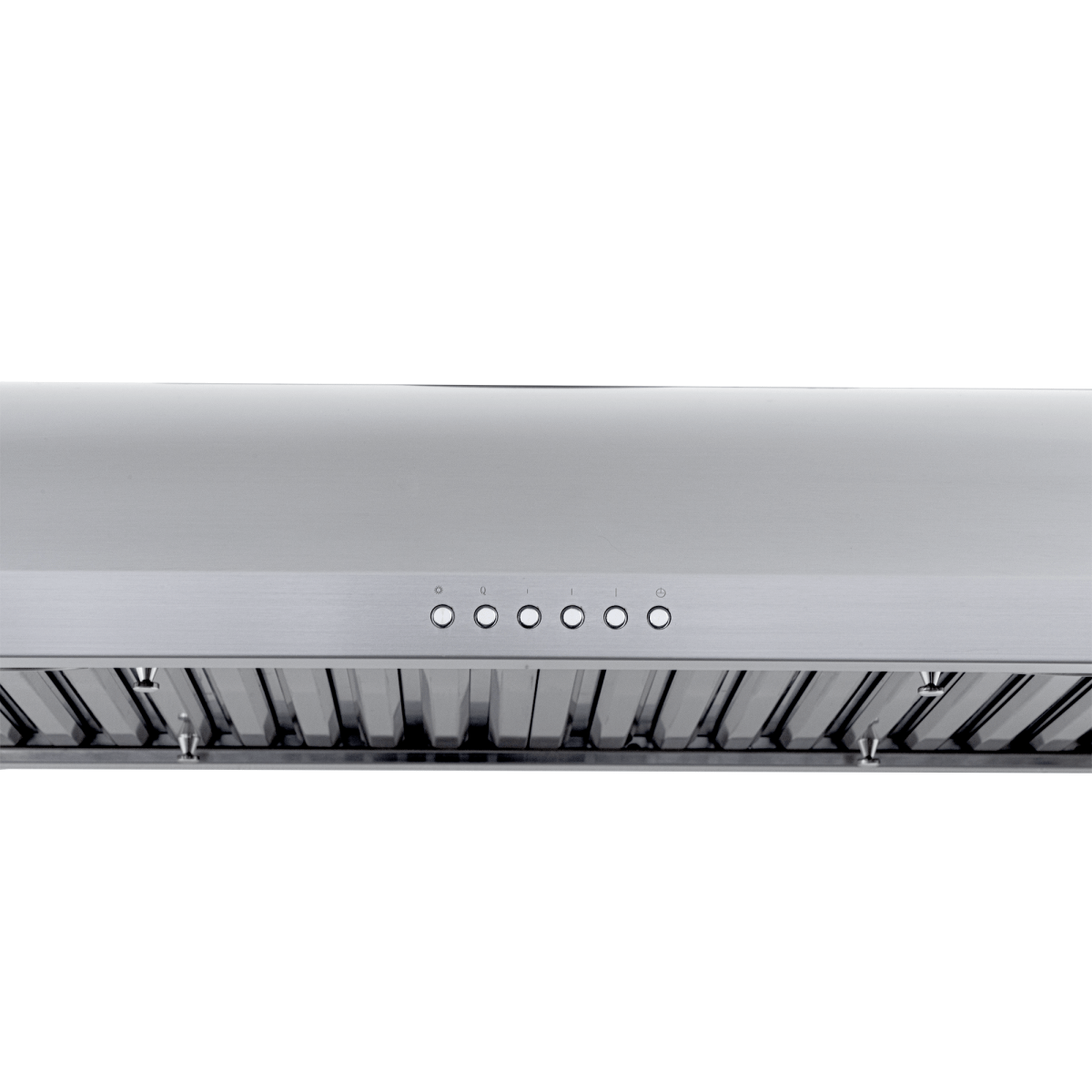 Close-up of Proline PLJW 133 Under-Cabinet Range Hood with vent slats, 5 buttons, stainless finish. ProlineRangeHoods.com.