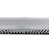 Close-up of Proline PLJW 133 Under-Cabinet Range Hood with vent slats, 5 buttons, stainless finish. ProlineRangeHoods.com.