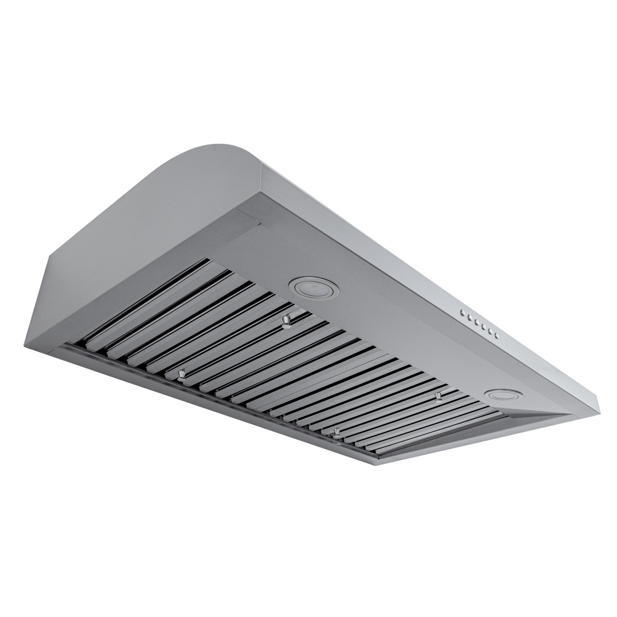 Proline PLJW 133 under-cabinet stainless range hood, control buttons, vent slats; 900 CFM. ProlineRangeHoods.com.