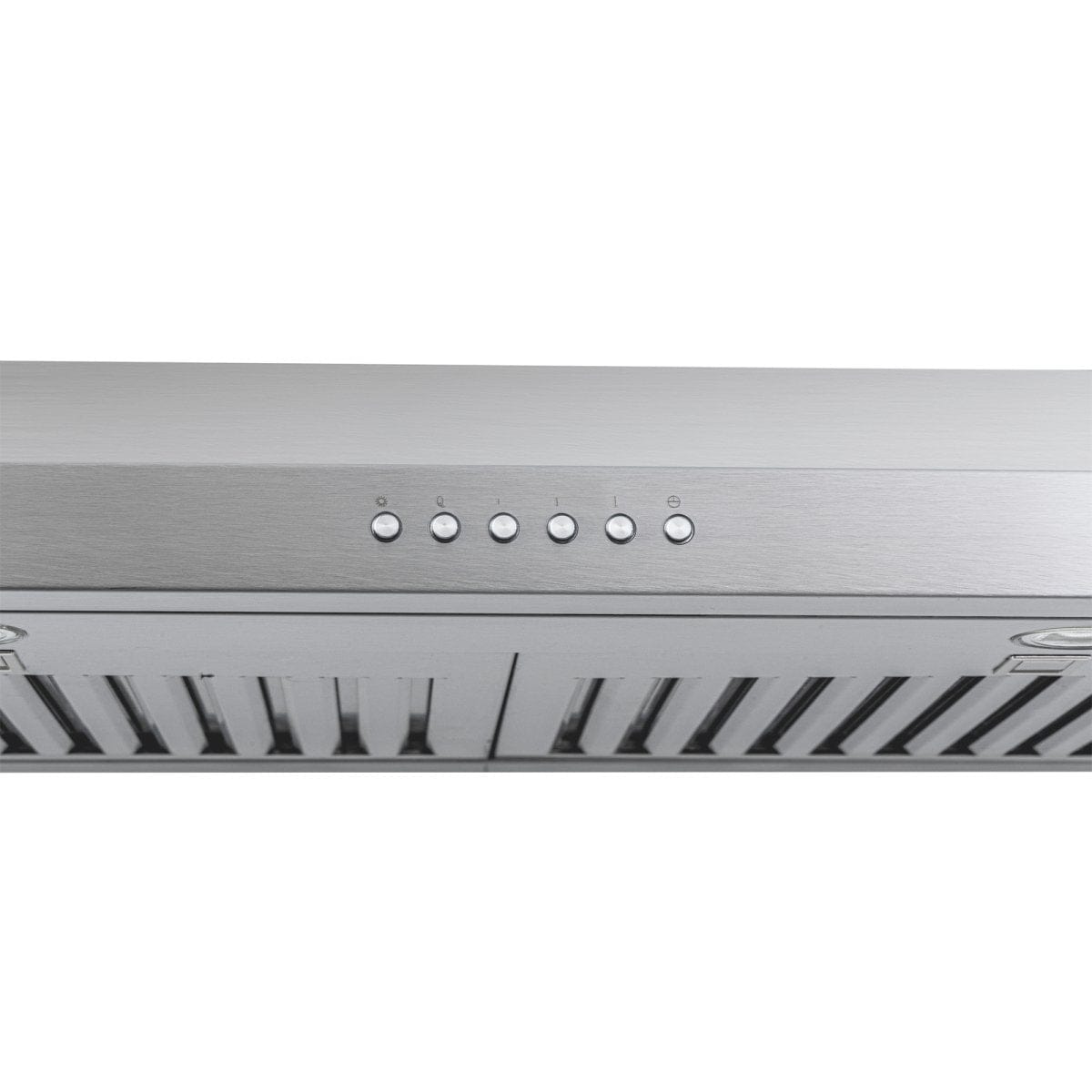 Close-up of Proline PLJW 185 Slim Under-Cabinet Range Hood, 600 CFM, stainless steel. ProlineRangeHoods.com.
