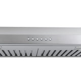 Close-up of Proline PLJW 185 Slim Under-Cabinet Range Hood, 600 CFM, stainless steel. ProlineRangeHoods.com.