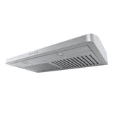 Proline PLJW 185 Slim Under-Cabinet Range Hood, 600 CFM stainless steel, shown from below. ProlineRangeHoods.com.