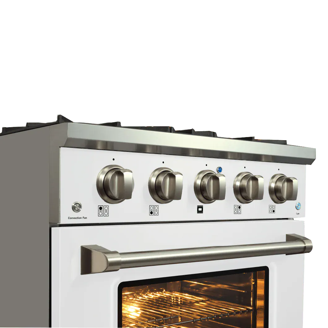 Close-up of Proline Range Hoods PLSR 30GG 30" all-gas range in glossy white, oven open; ProlineRangeHoods.com.