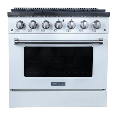 Proline PLSR 36" Dual Fuel Range (Glossy White) + PLSW King Air Wall-Mounted Range Hood (Glossy White) 36" Bundle — Save 10%