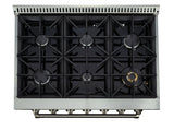 Top view of the Proline PLSR gas range from ProlineRangeHoods.com, with black grates and silver knobs for culinary excellence.
