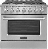 ProlineRangeHoods.com PLSR 36GG: 36" all-gas range, six burners, stainless steel, clear oven door.