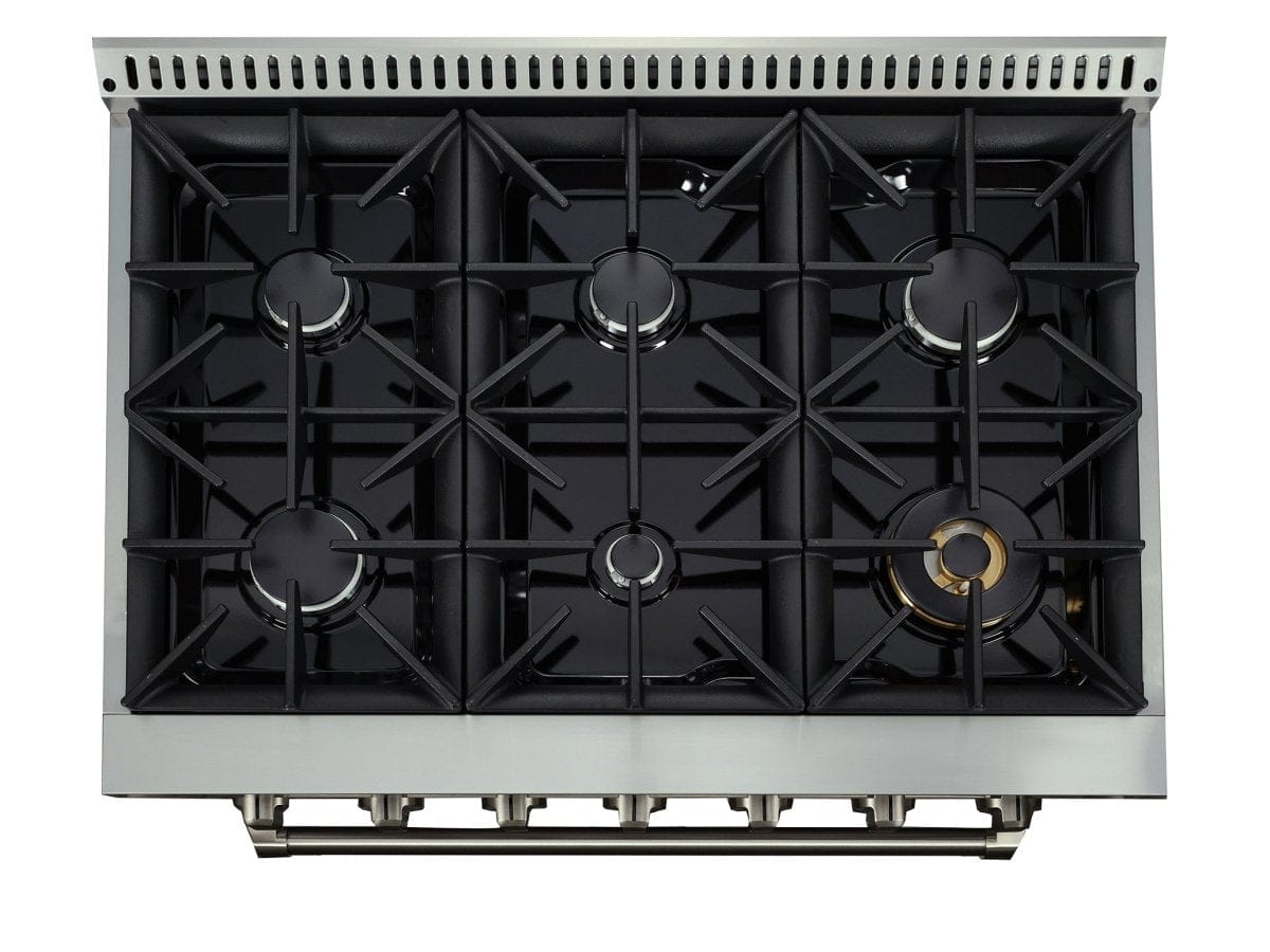 Check out ProlineRangeHoods.com: The top view features six high-output burners, black grates, and a sleek stainless steel finish.