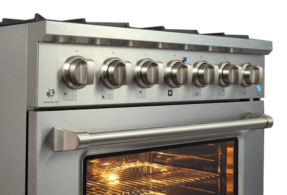 Close-up of the ProlineRangeHoods.com Dual Fuel Kitchen Range in stainless steel, highlighting its dual fuel versatility.