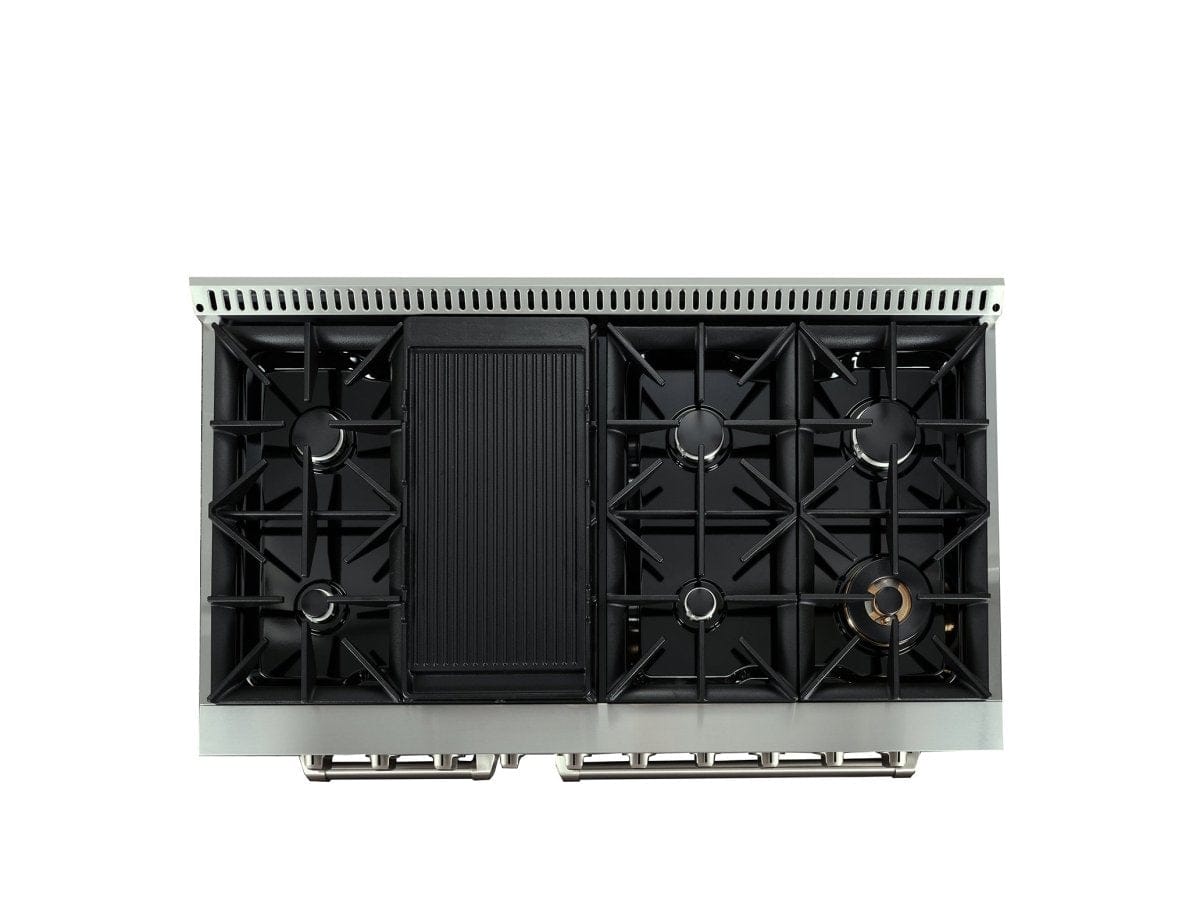 Check out the Proline Range Hoods Dual Fuel Kitchen Range at ProlineRangeHoods.com, with six high-output burners and a center griddle.