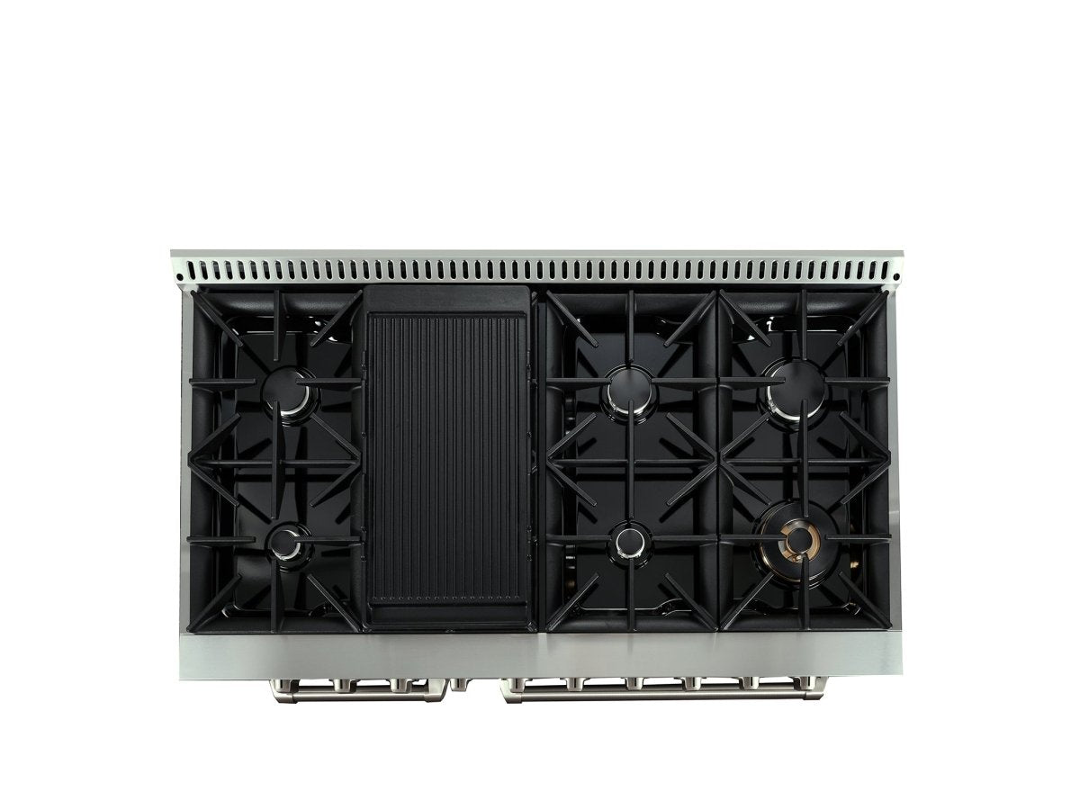 Check out the Proline Range Hoods Dual Fuel Kitchen Range at ProlineRangeHoods.com, with six high-output burners and a center griddle.