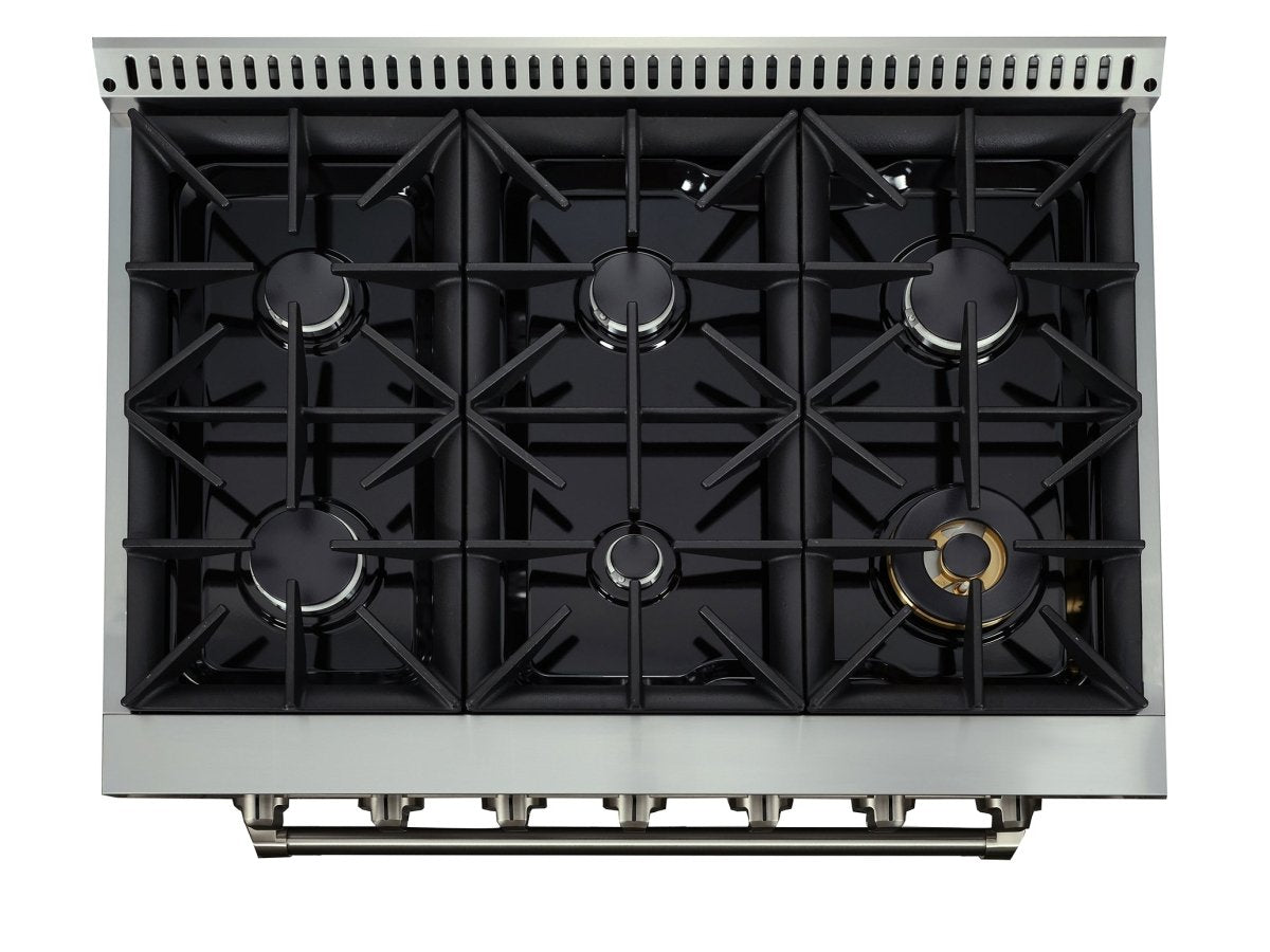 Top view of the Proline PLSR gas range from ProlineRangeHoods.com, with black grates and silver knobs for culinary excellence