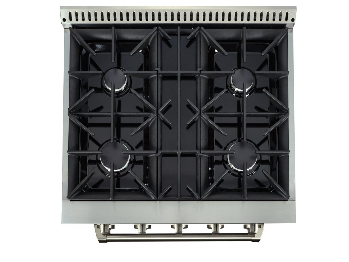 Top view of Proline PLSR Gas Range from ProlineRangeHoods.com with stainless steel design, 4 burners, and black grates.