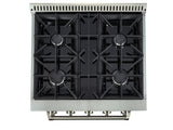 Top view of Proline PLSR Gas Range from ProlineRangeHoods.com with stainless steel design, 4 burners, and black grates.