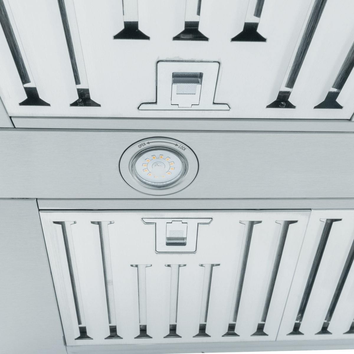 Close-up of ProSW Wall-Mounted Range Hood with stainless finish, 1800 CFM, LED lights, by ProlineRangeHoods.com.