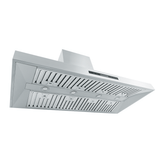 Proline ProSW stainless steel range hood with 1800 CFM, LED lights, filters; shown from below. ProlineRangeHoods.com.