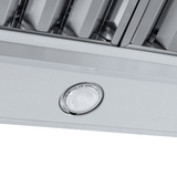 Close-up of Proline ProVI ducted island range hood in stainless steel, circular light, outdoor finish. ProlineRangeHoods.com.