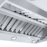 Proline ProVI Ducted Island Range Hood with stainless steel, lights, filters, outdoor finish. ProlineRangeHoods.com.