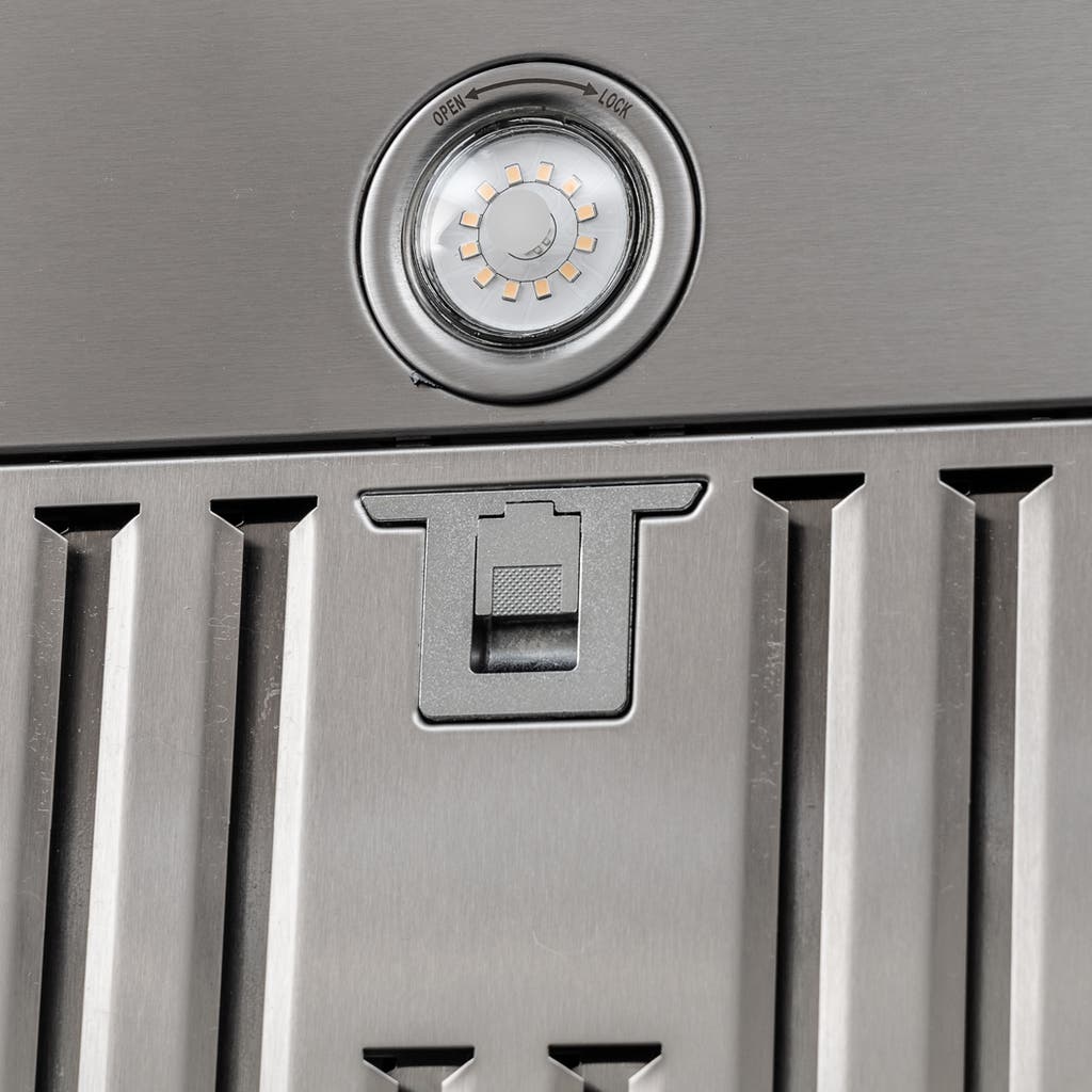 Close-up of Proline UMOD INS insert hood by ProlineRangeHoods.com, featuring stainless steel and 600 CFM motor.