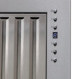Close-up of the ProlineRangeHoods.com UMOD INS Insert Range Hood in stainless steel with 600 CFM airflow.