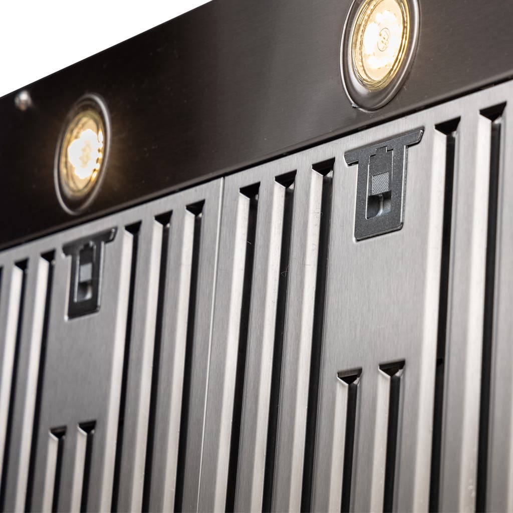 Close-up of the Proline UMOD INS Range Hood by ProlineRangeHoods.com with stainless steel, lights, 600 CFM motor.