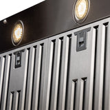 Close-up of the Proline UMOD INS Range Hood by ProlineRangeHoods.com with stainless steel, lights, 600 CFM motor.