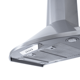 Close-up of Proline Vector Wall-Mounted Range Hood (600 CFM) in stainless steel. ProlineRangeHoods.com.