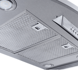 Close-up of Proline Vector Ducted Wall-Mounted Range Hood with stainless finish, mesh filters, 600 CFM at ProlineRangeHoods.com.