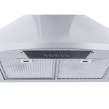 ProlineRangeHoods.com Vector 600 CFM ducted range hood in stainless steel with push-button controls and dual mesh filters.