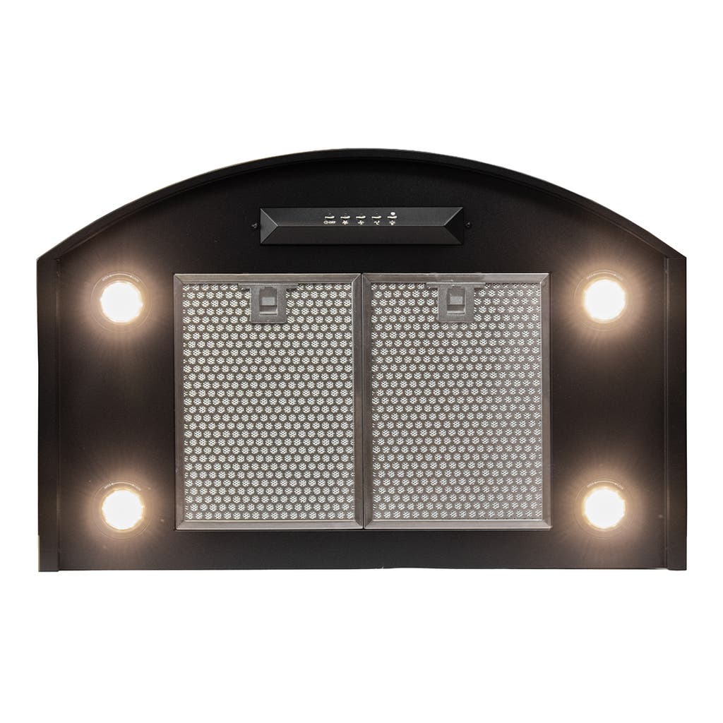 The Proline Vector Wall Mounted Range Hood from ProlineRangeHoods.com, in sleek black, has a single motor with ducted exclusive config—equipped with 4 lights and 2 metal mesh filters.
