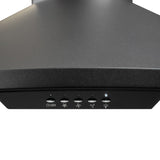 Sleek appliance from ProlineRangeHoods.com with power, fan speed, and light controls; 600 CFM ducted black hood.