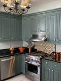 This kitchen showcases teal cabinets, appliances from ProlineRangeHoods.com, a patterned backsplash, and a sleek countertop.