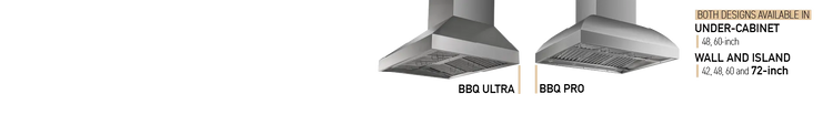 Two stainless steel range hoods labeled BBQ ULTRA and BBQ PRO, bottom view. ProlineRangeHoods.com.