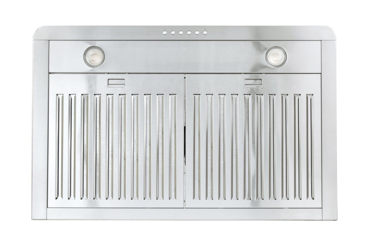 Proline PLJW 185 Slim Under-Cabinet Range Hood, stainless steel, 2 lights, vented panels—ProlineRangeHoods.com.