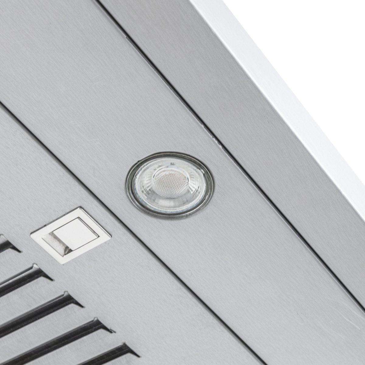 Round light and square button on Proline Range Hoods PLJW 185 Slim under-cabinet hood, stainless steel. ProlineRangeHoods.com.