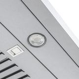 Round light and square button on Proline Range Hoods PLJW 185 Slim under-cabinet hood, stainless steel. ProlineRangeHoods.com.