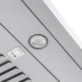 Round light and square button on Proline Range Hoods PLJW 185 Slim under-cabinet hood, stainless steel. ProlineRangeHoods.com.